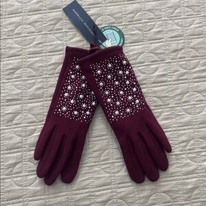 Adrienne Vittadini Elegant Burgundy Gloves with Pearl Details NWT